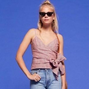 Reformation Linen Red Stripe Wrap Top - Medium